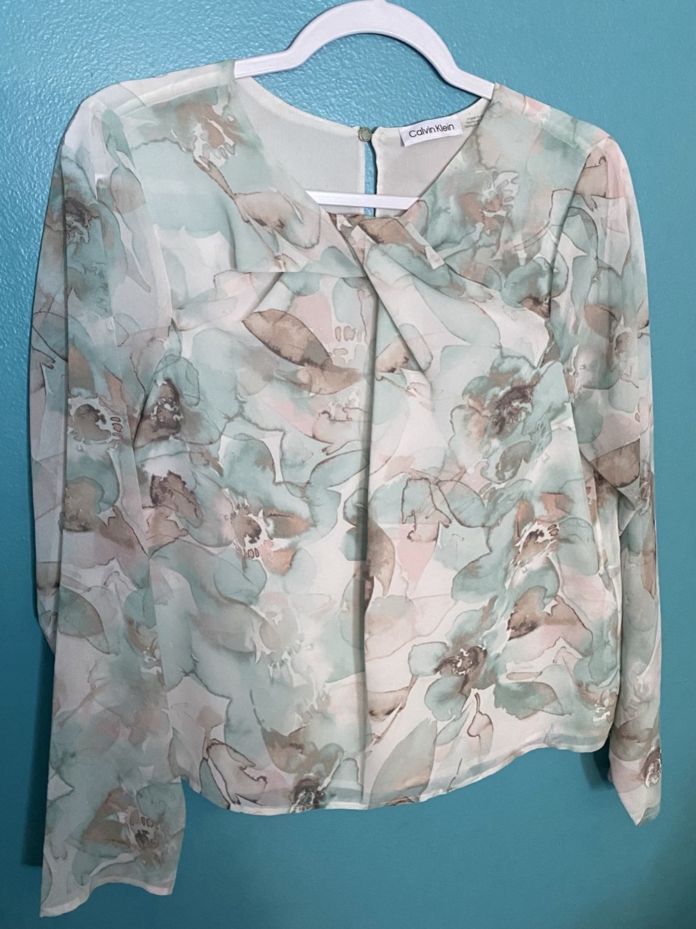 Calvin Klein Floral Blouse Watercolor Green/Grey/Pink Office/Church Button bkwrd